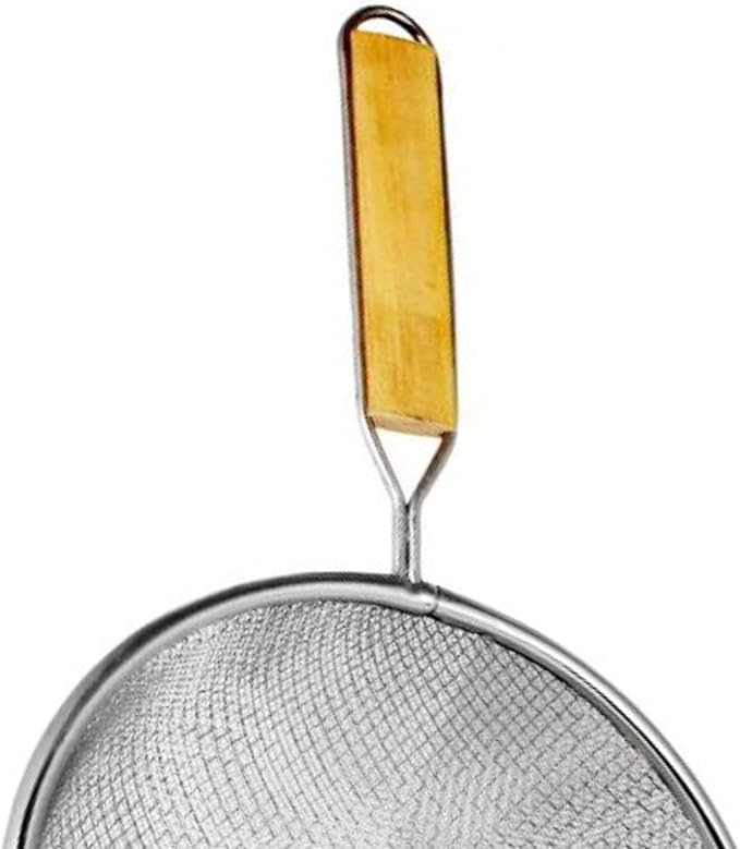 TrueCraftware- 8-Inch Double Medium Mesh Strainer Stainless Steel 6-1/2" Handle Length Wooden Handle- Kitchen Utensil Food Strainer Skimmer Spoon for Cooking Sieve Sifters Pasta Fruits Vegetable