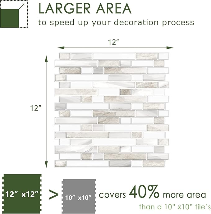 STICKGOO Thicker Design Peel and Stick, Self Adhesive Stick On Tile Backsplash for Kitchen and Bathroom, Beige & White, 12”×12”, 10 Sheets