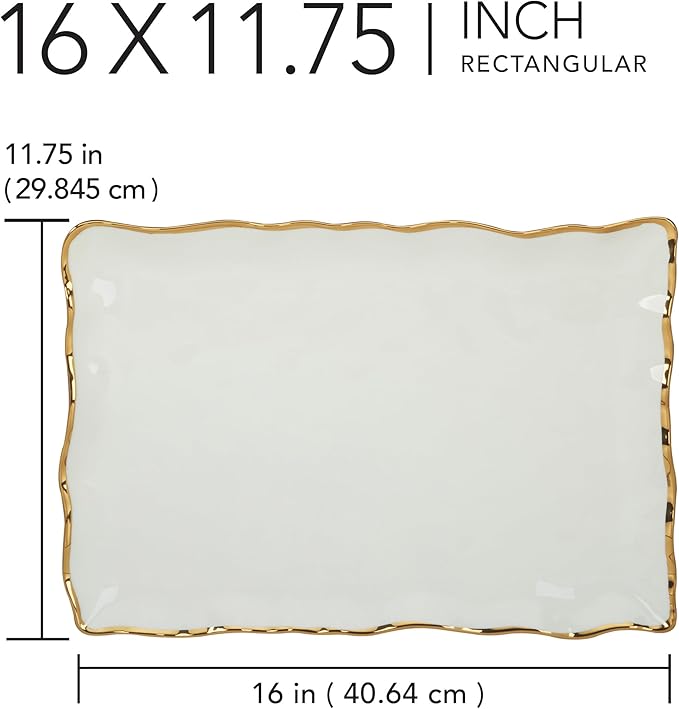 Regency Gold Porcelain Rectangular Platter with Scalloped Edges, Metallic Gold Rim, 16x11.75in, Elegant Serving Dish for Appetizers, Desserts & Buffet, Durable Dinnerware for Entertaining & Everyday