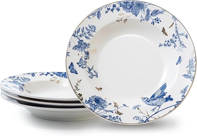Soup and Pasta Bowls Set of 4,Ceramic Soup Bowls Dinner Bowls Plates Porcelain 9 inches Wide Rim Bowls Set Floral Dinnerware Set Pasta Plates Ideal Serving for Soup,Dessert,Noodle,Thanksgiving