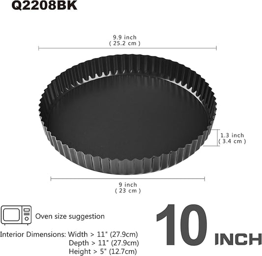 Bakeley 10-Inch Round Tart Pan with Loose Removable Bottom, Non-Stick Carbon Steel Quiche Pan for Oven Baking (Black)