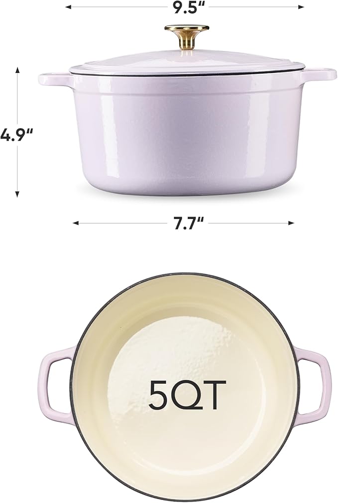 CAROTE 5QT Enameled Cast Iron Dutch Oven Pot with Lid, Heavy-Duty Dutch Ovens for Sourdough Bread Baking, Braising, Roasting, Dual Handles, Healthy & Non-Toxic, All Stovetop Compatible, Oven Safe up to 500° F, Macaron Purple