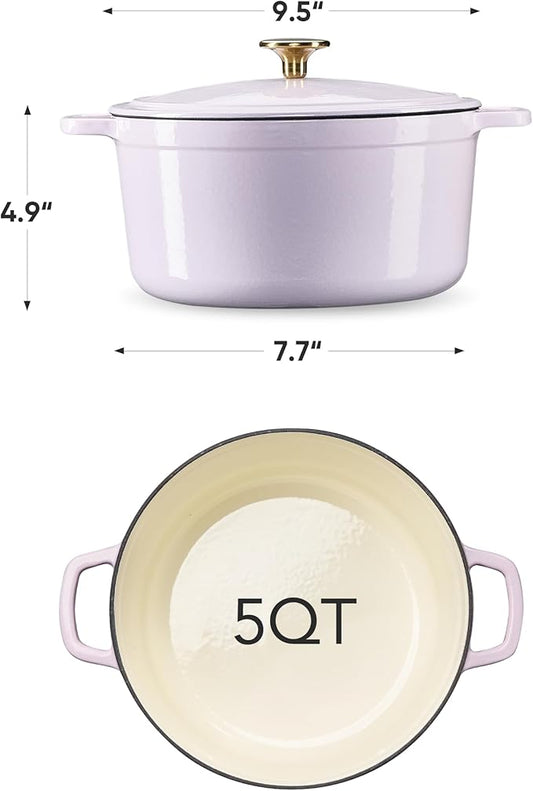 CAROTE 5QT Enameled Cast Iron Dutch Oven Pot with Lid, Heavy-Duty Dutch Ovens for Sourdough Bread Baking, Braising, Roasting, Dual Handles, Healthy & Non-Toxic, All Stovetop Compatible, Oven Safe up to 500° F, Macaron Purple
