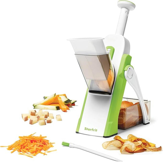 Starfrit Pump'n'Slice - Vertical Mandoline, Food Chopper, Slicer - Precision Adjustable Slicing, Julienne, Dicing - Safe Enclosed Blades, Fold for Storage - High Efficiency Spring Pump - Cleaning Tool