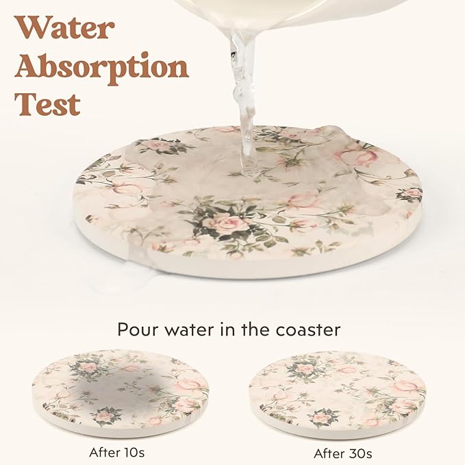 Coasters for Drinks, Set of 6 with Holder, Topdea Floral Rose Absorbent Ceramic Coasters, House Waming Gifts, Room Decor and Accessories