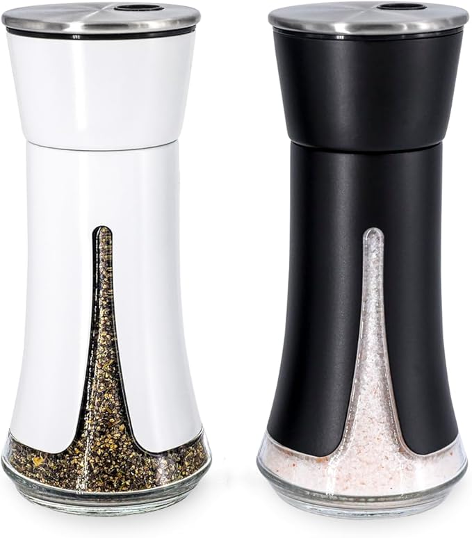 Aelga Farmhouse Salt and Pepper Shakers - Salt Shaker with Adjustable Pour Holes for Himalayan, Kosher, Black and White