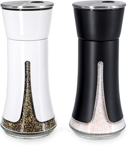Aelga Farmhouse Salt and Pepper Shakers - Salt Shaker with Adjustable Pour Holes for Himalayan, Kosher, Black and White