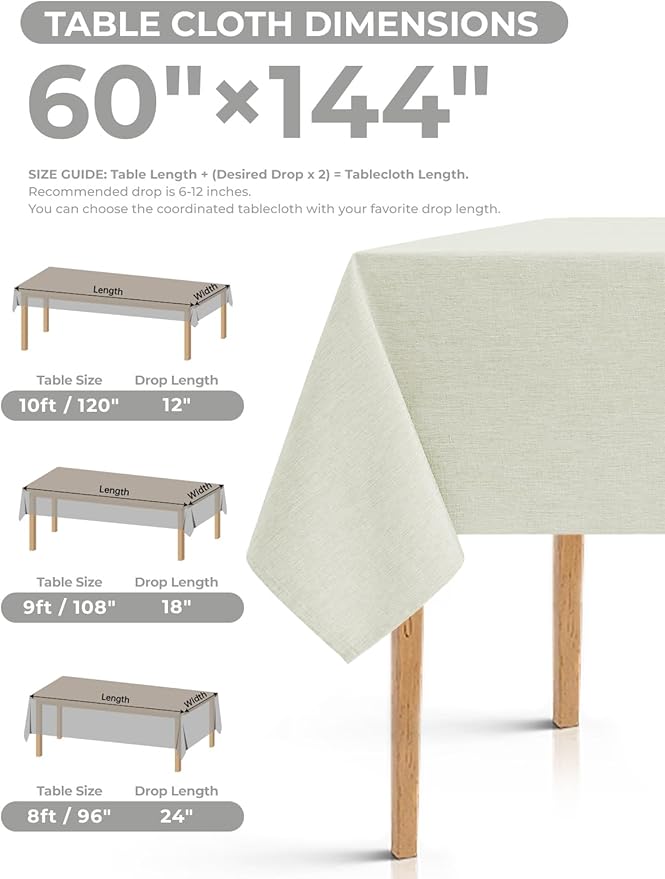 Extra Long Rectangle Linen Farmhouse Tablecloth for 10ft Table,Dirty-repel Easy to Clean Banquet Burlap Tablecloths for Dining& Kitchen Table(Oblong, 60 x 144 Inch (12-14 Seats), Light Grey)