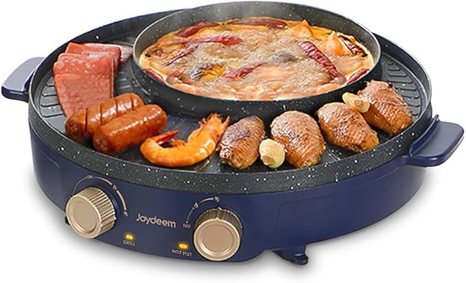 Joydeem Electric Grill with Shabu Shabu Hot Pot, Compact Korean BBQ Hotpot Combo Machine, 2L Hot Pot, Suitable for 1-4 People, JD-SK3407