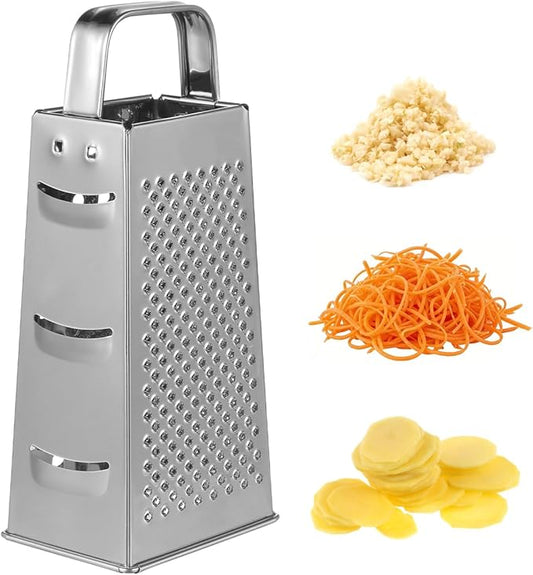 1pc Stainless Steel Vegetable Grater Portable Metal Grater 4-Sided Cheese Grater with Handle for Kitchen Restaurant (8inch)