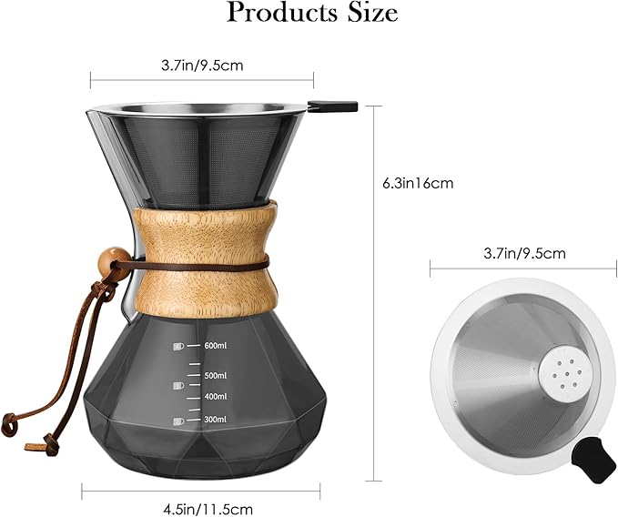 Lalord Pour Over Coffee Maker with Stainless Steel Filter, 20 oz Borosilicate Glass Coffee Carafe, Wooden Collar, Coffee Maker Carafe, Hold 3-4 Cups, 600 ml, Gray