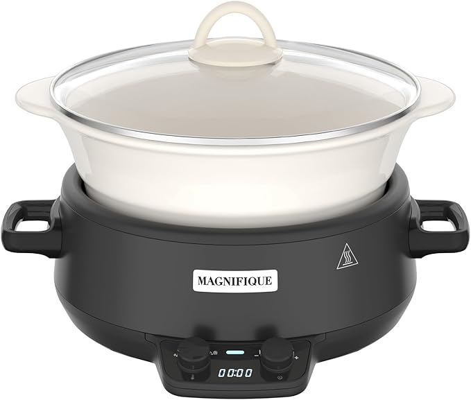 MAGNIFIQUE Small 5 Quart Round Casserole Programmable Slow Cooker with Glazed Ceramic Liner, Food Warmer Perfect Kitchen Small Appliance for Family Dinners, Black