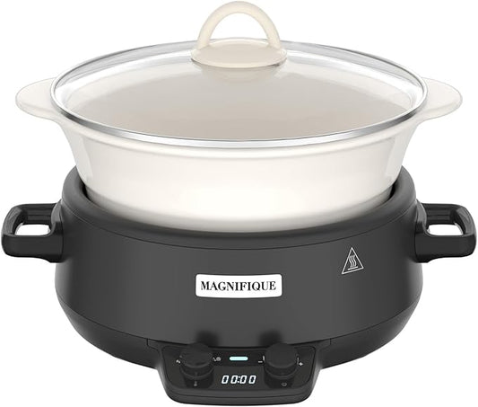 MAGNIFIQUE Small 5 Quart Round Casserole Programmable Slow Cooker with Glazed Ceramic Liner, Food Warmer Perfect Kitchen Small Appliance for Family Dinners, Black