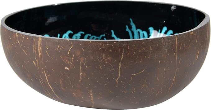 ChezMax Natural Coconut Bowl With Mother of Pearl Inlaid Shell - Key Holder for Entryway Table, Candy Container, Nuts and Dry Snacks Storage - Round Handcrafted Decoration