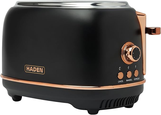 Haden Heritage 2 Slice Wide Slot Stainless Steel Toaster with Adjustable Browning Control & Non-Slip Feet, Black & Copper
