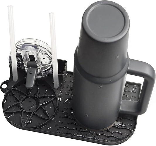 Bottle Drying Rack, Draining Mat for Stanley Tumblers20-40oz, Mugs, Wine Glasses, Compact Portable Cup Dryer Stand for Countertops, Office, RVs & Travel (Black)