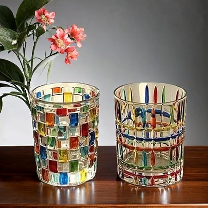 Set of 6 or 5 Hand-painted Colorful Glass Tumblers, Drinking Glassware, Cocktail Glasses for Iced Coffee Juice Tea Beverage Milk Wine With Artistic Design