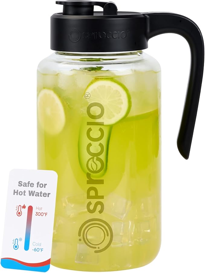 Spreccio Borosilicate Glass Pitcher with Lid, 64 oz Mason Jar Pitcher Pour Spout Lid Airtight Leak-proof, Sun Tea Glass Jar for Outside, Breastmilk, Cold Brew, Coffee and Iced Tea