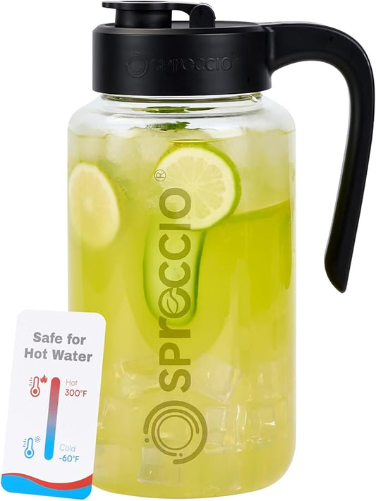 Spreccio Borosilicate Glass Pitcher with Lid, 64 oz Mason Jar Pitcher Pour Spout Lid Airtight Leak-proof, Sun Tea Glass Jar for Outside, Breastmilk, Cold Brew, Coffee and Iced Tea