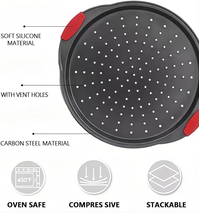 ZOEHROWS 13 Inch Pizza Pan for Oven (2 Pack) Round Pizza Pan with Holes - Non-Stick Carbon Steel Pizza Tray with Silicone Handles - for Cooking, Baking, and Grilling - Dishwasher Safe