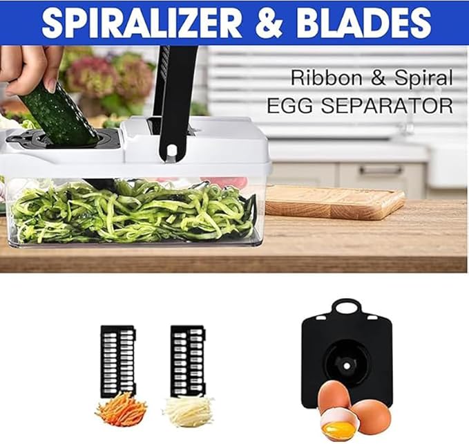 16-in-1 Vegetable Chopper Slicer & Dicer - Manual Food Chopper with 8 Stainless Steel Blades, 1.2L Container for Kitchen, Onion Cutter, Veggie Slicer, Hand Operated, White