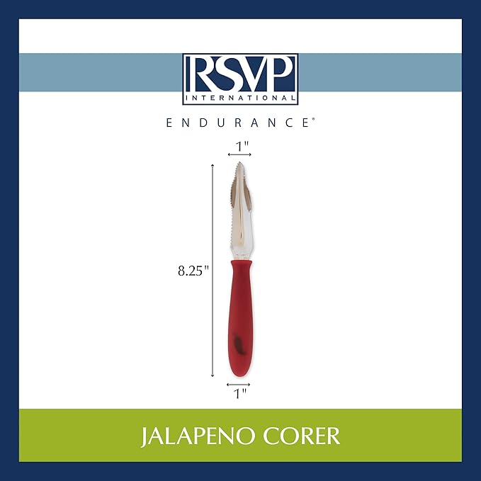 RSVP International Endurance Collection Vegetable Core & Seed Remover, Tomato, Zucchini, Jalapeno Pepper Corer Tool, Dishwasher Safe, 8.25" Overall Length, Stainless Steel Blade, Red Handle