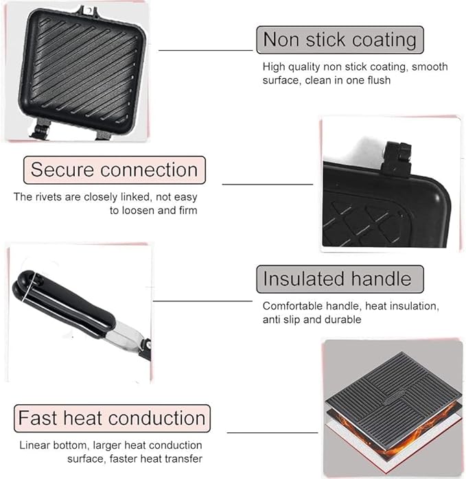 Camping Toastie Maker Non-Stick Stovetop Toastie Maker Baking Pan with Heat-Resistant Handles, Double Sided Multifunction Stovetop Toastie Maker for Home Outdoors Camping