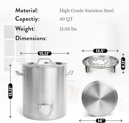 GasOne Stainless Steel Steamer – 40qt Steamer Pot for Cooking with Water Fill Spout, Rack, Divider – Steam Pot for Tamales and Crab Boil – Induction Ready