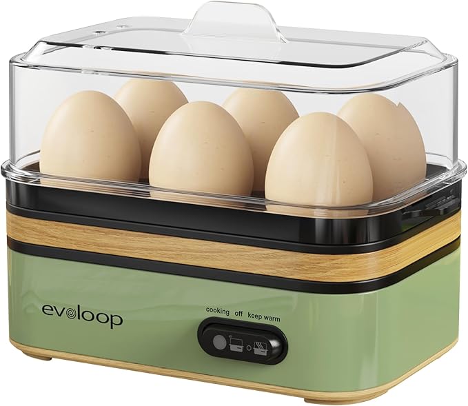 Evoloop Rapid Egg Cooker Electric 6 Eggs Capacity, Soft, Medium, Hard Boiled, Poacher, Omelet Maker Egg Poacher With Auto Shut-Off, BPA Free (Green)