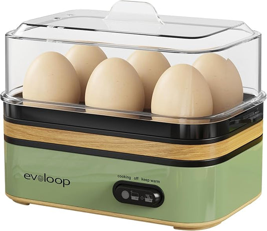 Evoloop Rapid Egg Cooker Electric 6 Eggs Capacity, Soft, Medium, Hard Boiled, Poacher, Omelet Maker Egg Poacher With Auto Shut-Off, BPA Free (Green)