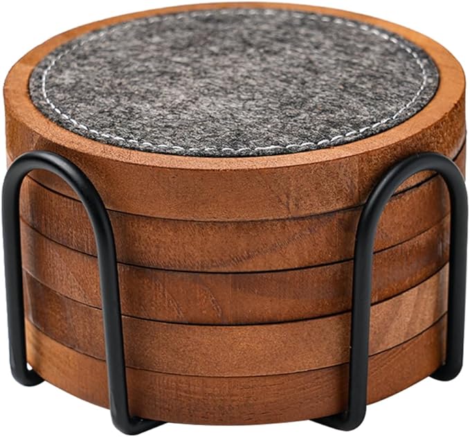 Wood Coaster for Drinks, Set of 5, Absorbent and Insulation Felt Stackable Cup Holders, Coasters for Wooden Table,4.15 inch