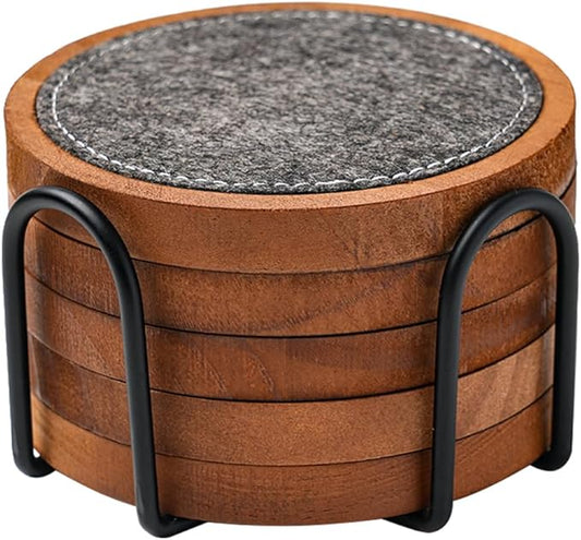 Wood Coaster for Drinks, Set of 5, Absorbent and Insulation Felt Stackable Cup Holders, Coasters for Wooden Table,4.15 inch