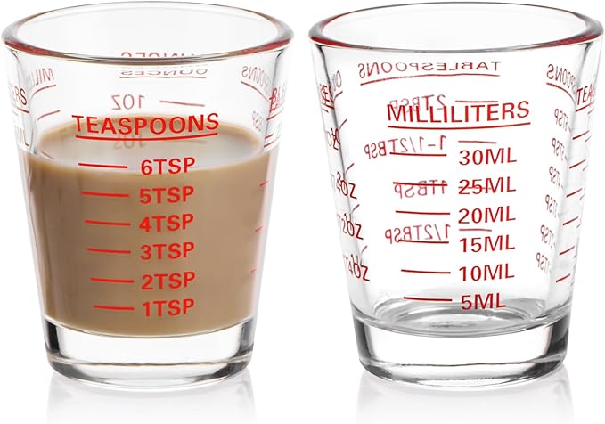 Measuring Cup Shot Glasses 2PACK Espresso Shot Glasses Liquid Heavy Glass 26-Incremental Measurement 1 OZ, 2 TBS, 6 TSP, 30 ML Kitchen Tools (Red)