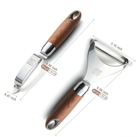 Premium Stainless Steel Multifunctional Kitchen Fruit and Vegetable Peeler with Natural Wood Handle，Ultra Sharp Strong Blade - 2 PCS