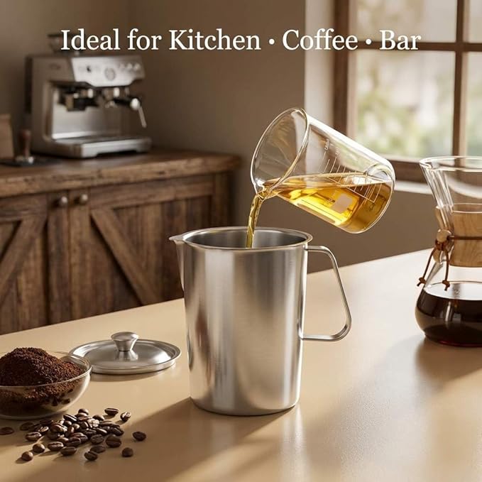 QWORK Large 70 oz Stainless Steel Measuring Cup with Removable Lid – Extra Capacity Marked Pitcher for Kitchen, Coffee & Bar Use