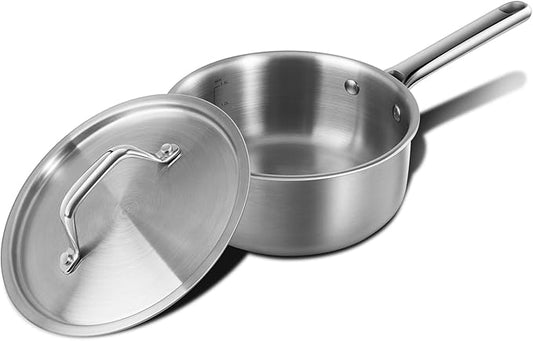 Rokasala 3 QT Saucepan with Lid,3-Ply Stainless Steel Saucepan,Professional Grade Cookware,Induction Compatible