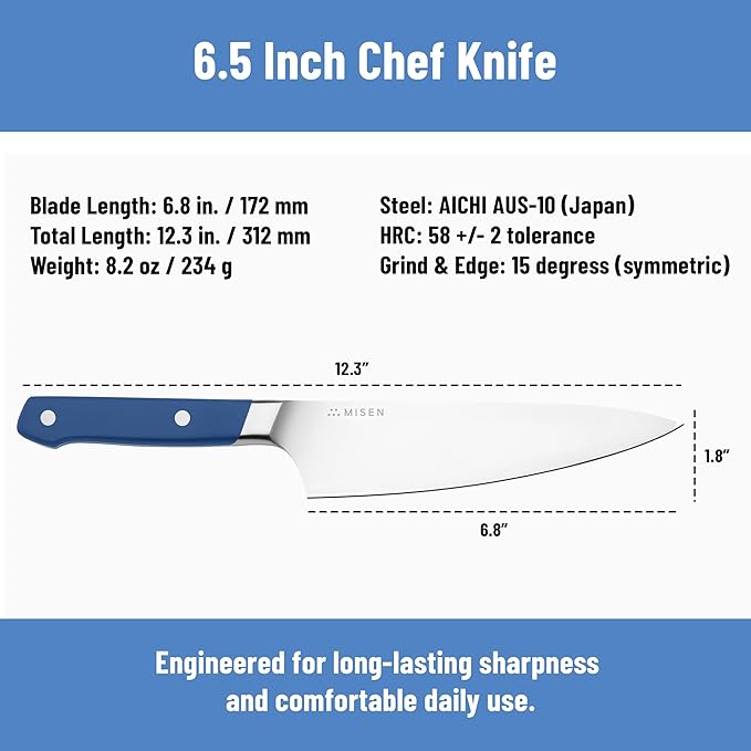 Misen 6.8" Chef Knife – High Carbon Japanese AUS-10 Stainless Steel – Hybrid German & Japanese Blade – Precision Kitchen Knife for Professionals & Home Cooks – Ultimate Cutting Performance - Blue