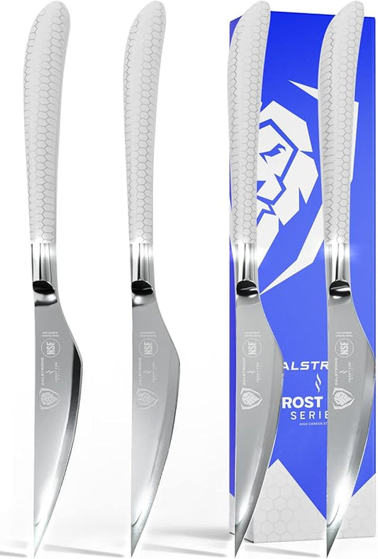 Dalstrong Steak Knife Set - 4 Piece - 4.5 inch Serrated Blade - Frost Fire Series - High Chromium Steel Kitchen Knife- Frosted Sandblast - White Honeycomb Handle - NSF Certified