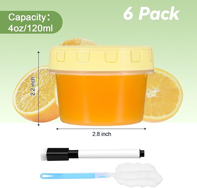 6 Piece 4 oz Plastic Food Storage Containers with Lids, Reusable Freezer Storage Containers, Small Meal Prep Containers with Pen and Brush, BPA-Free, Screw Top, Microwave & Dishwasher Safe