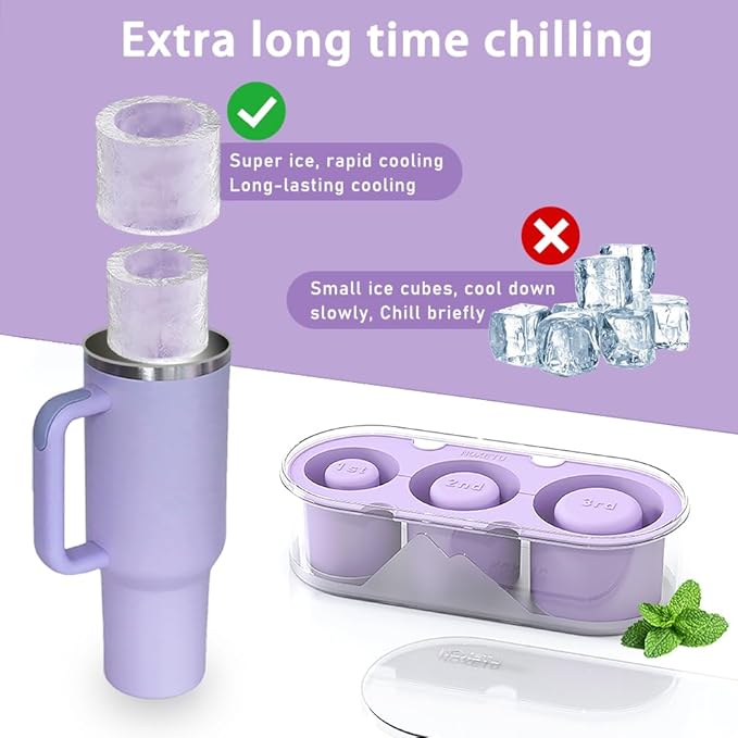 2PC Ice Mold for Stanley Cup 30/40 Oz - Easy Fill and Release Without Touching Ice, Silicone Ice Cube Tray with Clear Lid and Bin for Freezer, Whiskey, Cocktail (Purple+Purple)