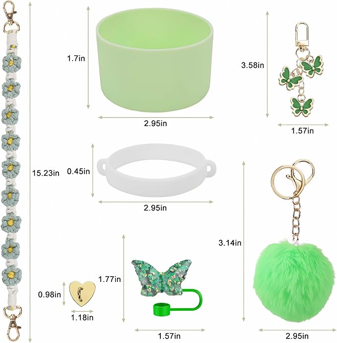 Accessories Set Including Water Bottle Handle Strap, Silicone Boot, Resin Butterfly Straw Cover, Straw Topper, Lip Balm Sleeve, Butterfly & Hairball Charms for Stanley Cup Tumbler