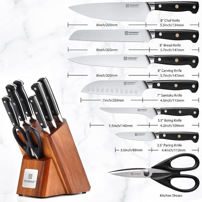 KEEMAKE Kitchen Knife Set with Block, 8Pcs Razor Sharp Chef Knife Set, High Carbon Stainless Steel Knife Block Set with Kitchen Scissors, Cooking Knives for Meat Vegetable Fruit