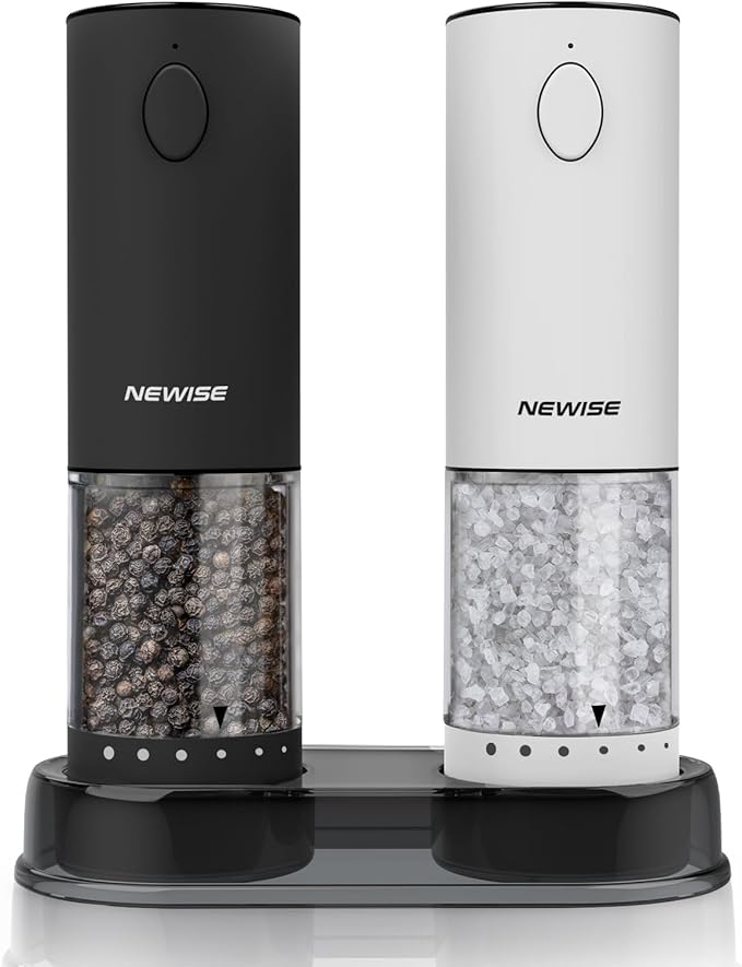 Electric Salt and Pepper Grinder Set, Adjustable Coarseness & LED Light, Rechargeable Large Capacity Stainless Steel Mill, Valentines Day Cooking Gifts for Him Men- Black/White