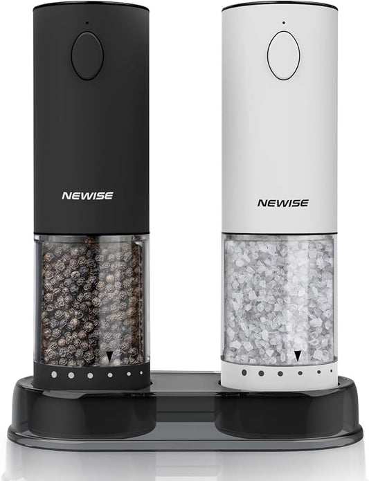 Electric Salt and Pepper Grinder Set, Adjustable Coarseness & LED Light, Rechargeable Large Capacity Stainless Steel Mill, Valentines Day Cooking Gifts for Him Men- Black/White