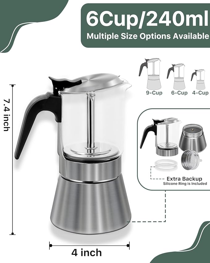 Grasseed Crystal Glass-Top Moka Pot, Brushed Stainless Steel Stovetop Espresso Maker for Italian Coffee - 6 Cup/240ml/8.4oz