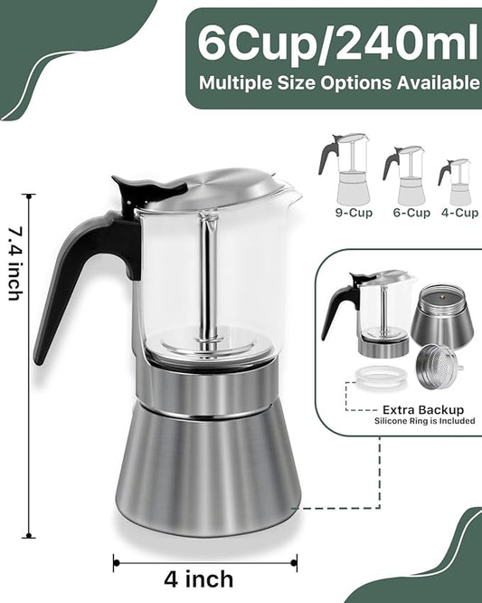 Grasseed Crystal Glass-Top Moka Pot, Brushed Stainless Steel Stovetop Espresso Maker for Italian Coffee - 6 Cup/240ml/8.4oz