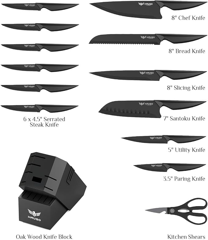 Knife Set - Haugo 15 PCS Kitchen Knife Set with Built in Sharpener - High Carbon German Stainless Steel - Dishwasher Safe Knife Block Set - Ergonomic Handles - Black Mamba Series