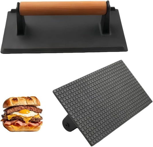 Cast Iron Grill Press with Wooden Handle, 2.4LB Heavy Duty Bacon Press, Smash Burger Press for Perfect Grill Marks, Nonstick & Versatile Meat Weight for Kitchen & BBQ, 8.1 x 4.1 Inch