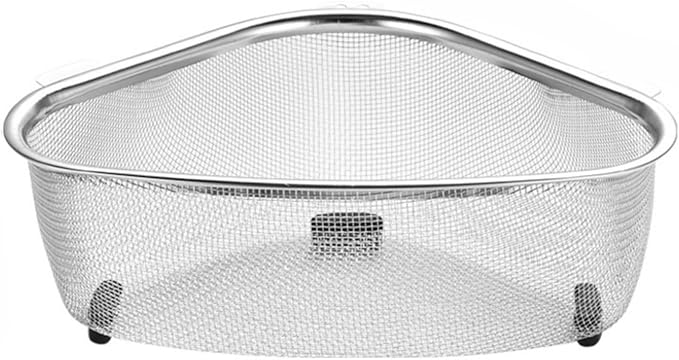 22cm Triangle Drain Baskets for Kitchen Sinks, Stainless Steel Colander for Food Scraps Sponges and Brushes, Stainless Steel Colander for Pasta, Spaghetti, Vegetables, Fruit and Pot Draining (Silver)