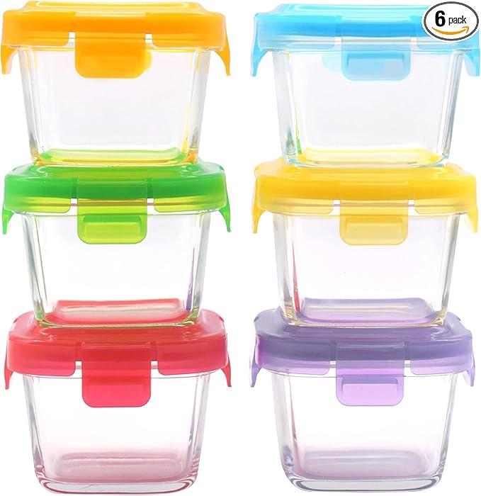 ARSUK Square 5oZ Glass Food Storage Containers with Snap-On BPA-Free Lids 6 Pack, Small Glass Jars for Sauce, Spices, Meal Prep - Reusable & Dishwasher Microwave Fridge Freezer Safe